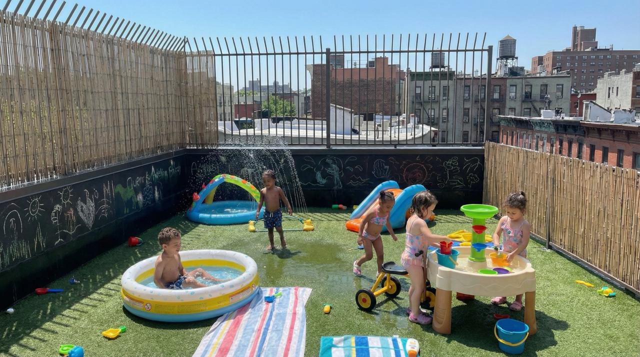 Child having fun sliding on a water splash mat in the summer sun