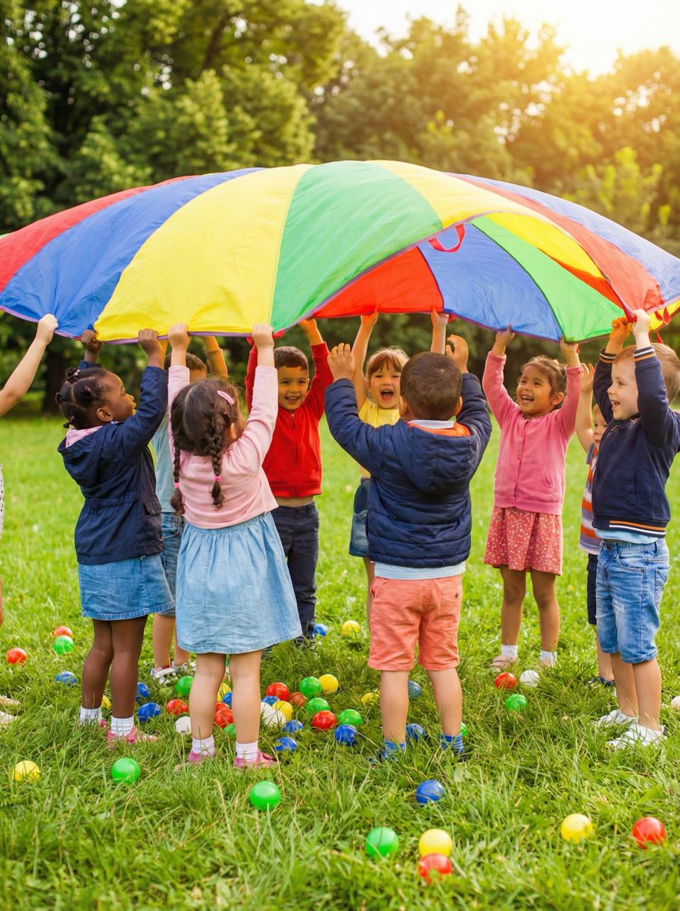 Children playing together outdoors at summer camp with a colorful parachute