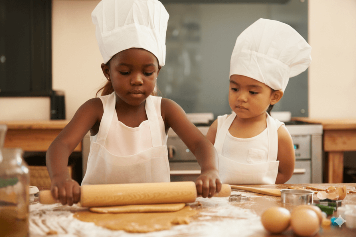 Two young children baking together wearing chef hats